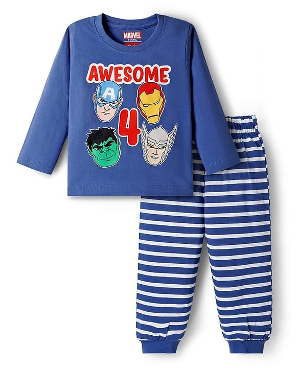 Babyhug Marvel Single Jersey Knit Full Sleeves Night Suit With Marvel Character Print - Navy Blue