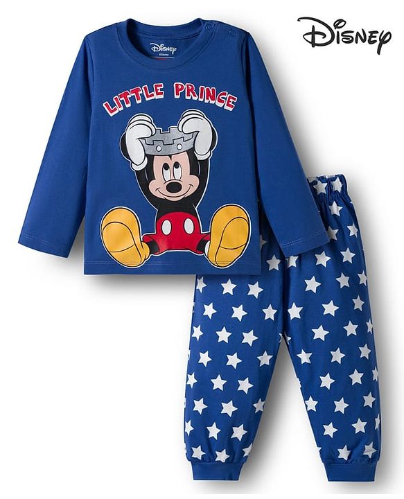 Babyhug Disney Single Jersey Knit Full Sleeves Night Suit With Mickey Mouse Print - Navy Blue