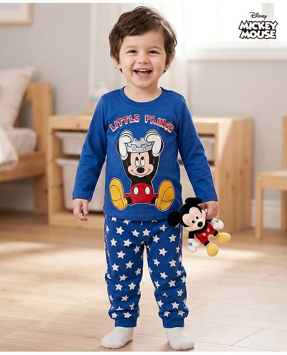 Babyhug Disney Single Jersey Knit Full Sleeves Night Suit With Mickey Mouse Print - Navy Blue
