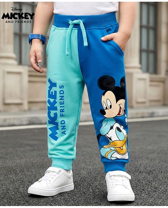 Babyhug Disney Terry Knit Track Pant with Mickey & Friends Graphic -  Light Blue & Blue