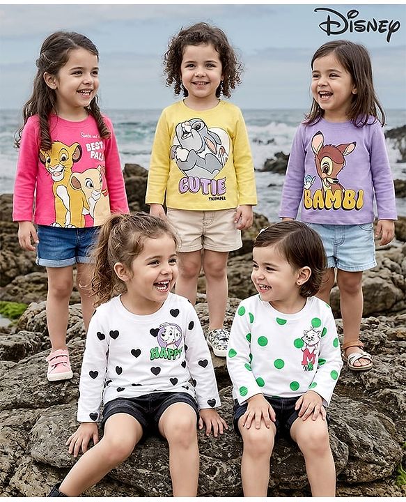 Babyhug Disney Single Jersey Knit Full Sleeves T-Shirts with Disney Character Graphic Pack of 5 - White Plum & Pink