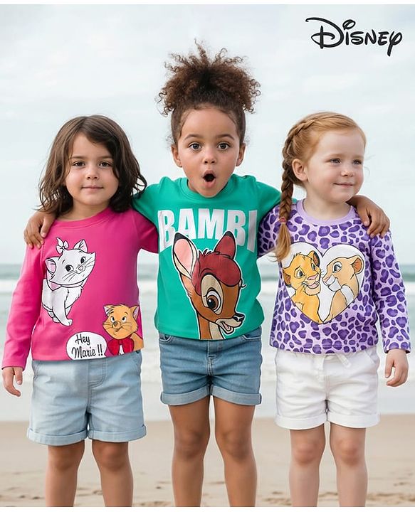 Babyhug Disney Single Jersey Knit Full Sleeves T-Shirt with Disney Character Graphic Pack of 3 - Purple Sea Green & Dark Pink