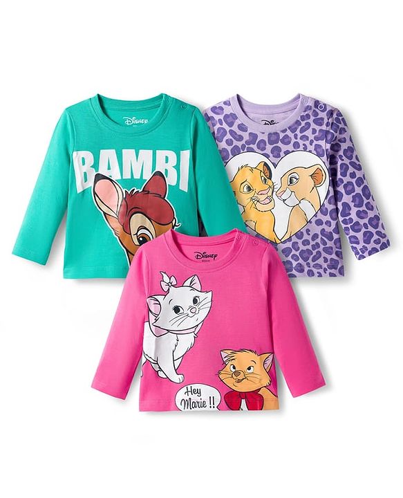 Babyhug Disney Single Jersey Knit Full Sleeves T-Shirt with Disney Character Graphic Pack of 3 - Purple Sea Green & Dark Pink
