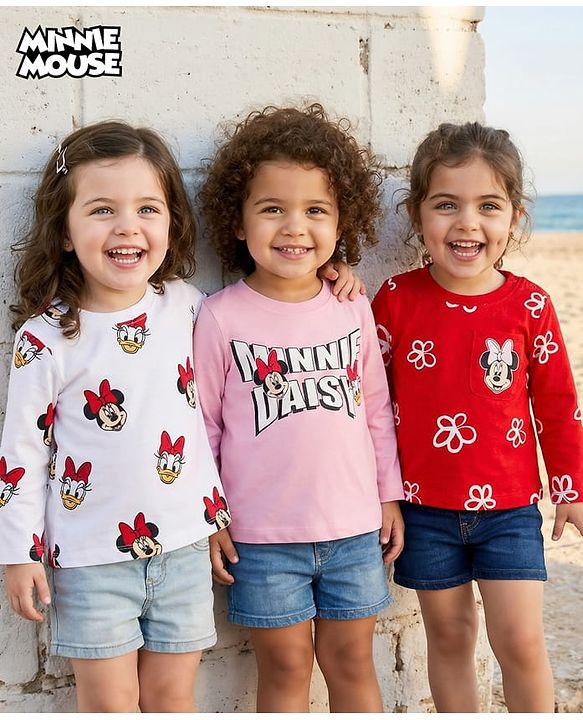 Babyhug Disney Single Jersey Knit Full Sleeves T-Shirt with Minnie & Friedns Graphic  Pack of  3 - Pink Red & White