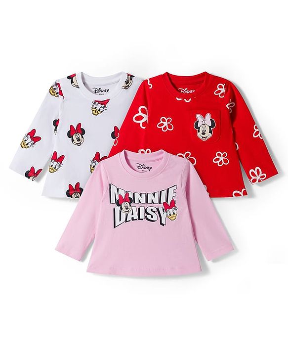 Babyhug Disney Single Jersey Knit Full Sleeves T-Shirt with Minnie & Friedns Graphic  Pack of  3 - Pink Red & White