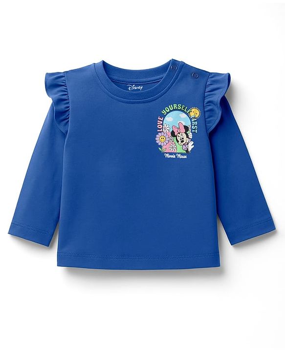 Babyhug Disney Single Jersey Knit Full Sleeves T-Shirt with Minnie Mouse Front & Back Graphic & Frill Detailing - Blue