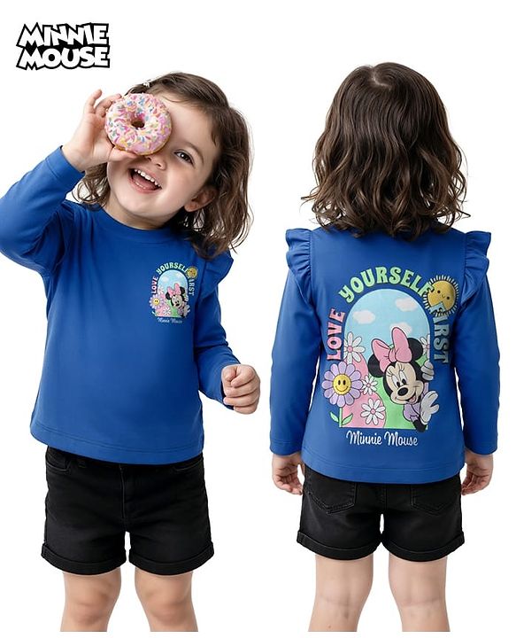 Babyhug Disney Single Jersey Knit Full Sleeves T-Shirt with Minnie Mouse Front & Back Graphic & Frill Detailing - Blue