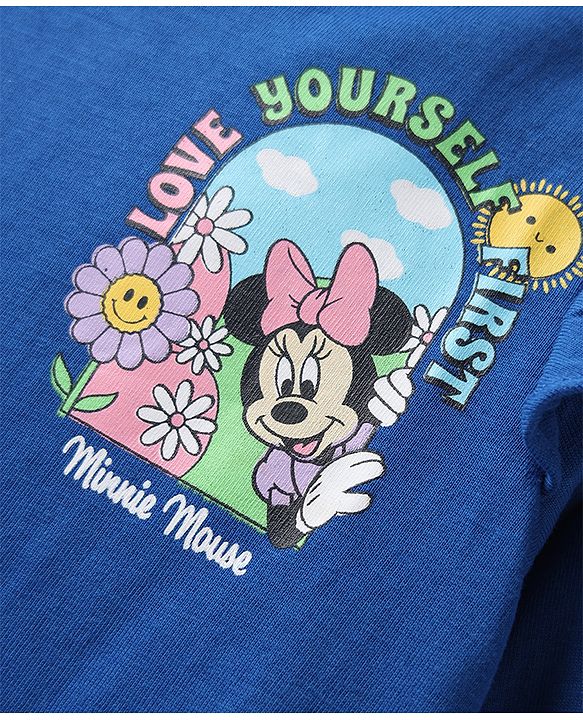 Babyhug Disney Single Jersey Knit Full Sleeves T-Shirt with Minnie Mouse Front & Back Graphic & Frill Detailing - Blue
