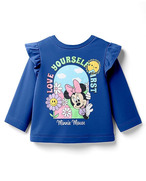Babyhug Disney Single Jersey Knit Full Sleeves T-Shirt with Minnie Mouse Front & Back Graphic & Frill Detailing - Blue