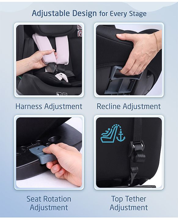 Babyhug Convertible Car Seat with ISOFIX & 360° Rotatable Seat - Black| R129 Certified| i-Size Compliant| Rear & Forward Facing| Newborn to 12 Years| Reclining Seat| Cushion Seat
