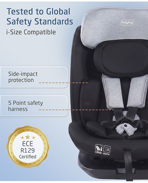 Babyhug Convertible Car Seat with ISOFIX & 360° Rotatable Seat - Black| R129 Certified| i-Size Compliant| Rear & Forward Facing| Newborn to 12 Years| Reclining Seat| Cushion Seat