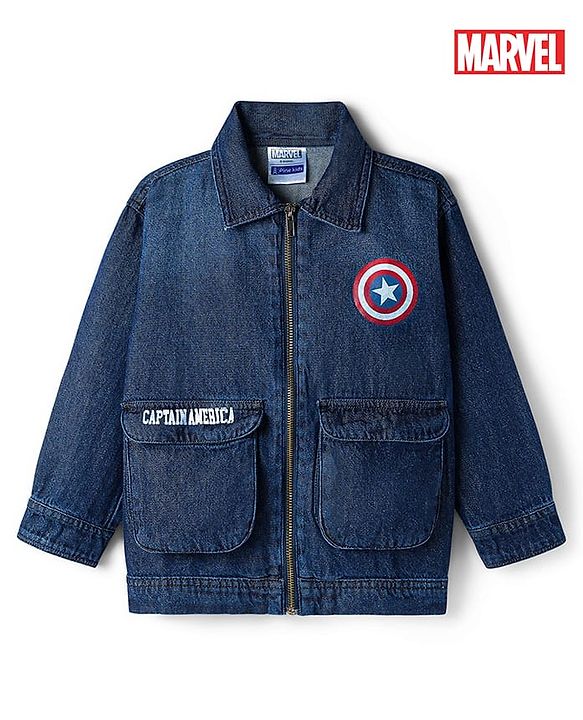 Pine Kids Marvel Denim Woven Full Sleeves Jacket With Captain America Graphics - Navy Blue