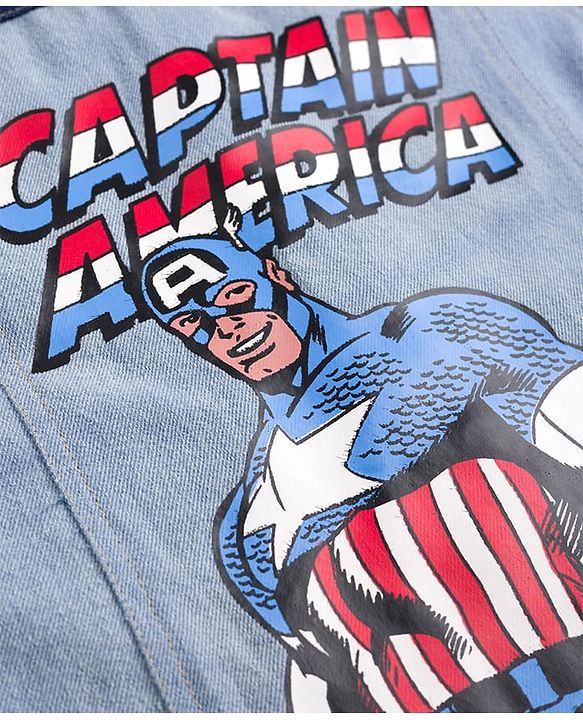 Pine Kids Marvel 100% Cotton Woven Full Sleeves Cut N Sew Denim Jacket With Front & Back Captain America Graphics - Light Blue
