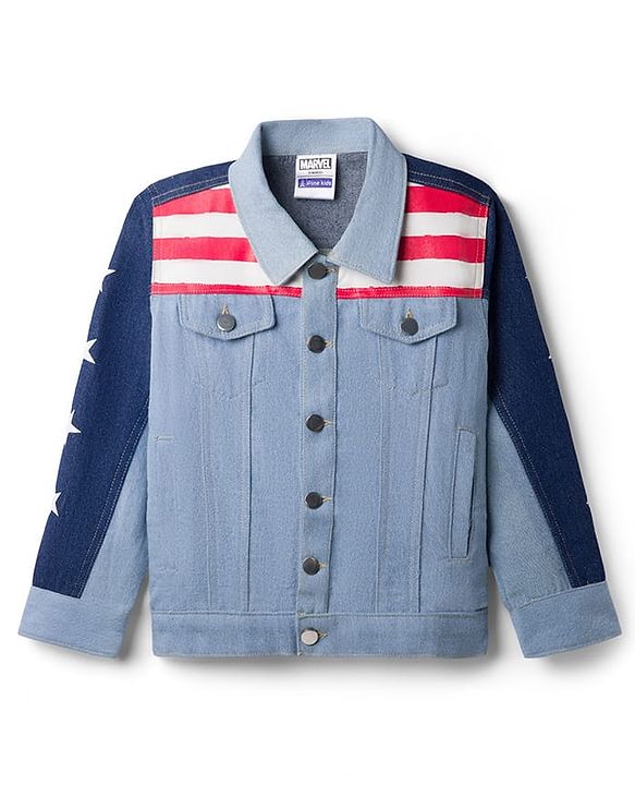 Pine Kids Marvel 100% Cotton Woven Full Sleeves Cut N Sew Denim Jacket With Front & Back Captain America Graphics - Light Blue