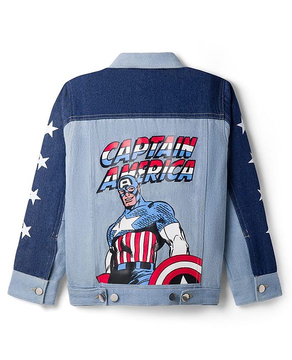 Pine Kids Marvel 100% Cotton Woven Full Sleeves Cut N Sew Denim Jacket With Front & Back Captain America Graphics - Light Blue