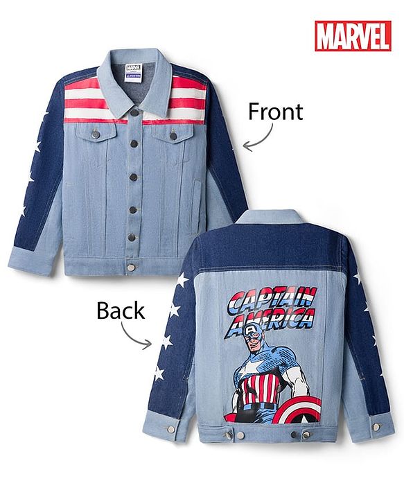 Pine Kids Marvel 100% Cotton Woven Full Sleeves Cut N Sew Denim Jacket With Front & Back Captain America Graphics - Light Blue