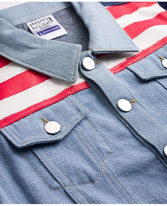 Pine Kids Marvel 100% Cotton Woven Full Sleeves Cut N Sew Denim Jacket With Front & Back Captain America Graphics - Light Blue