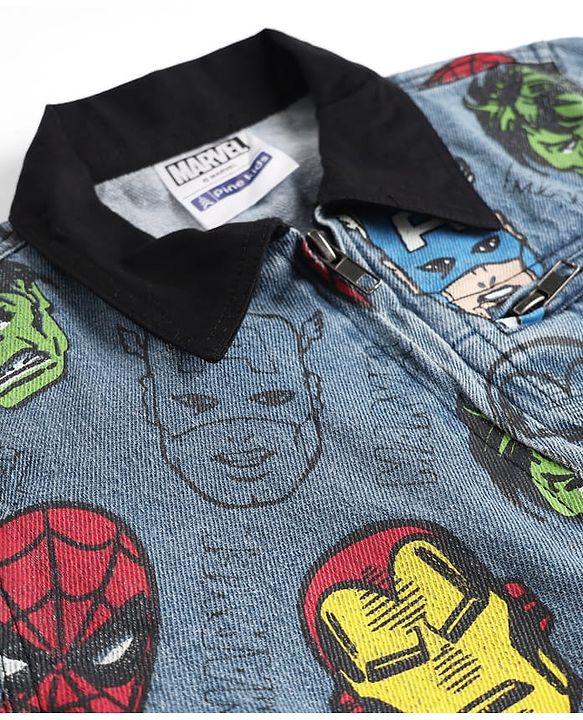 Pine Kids Marvel Woven Denim Jacket with Full Sleeves and Avengers Print - Navy Blue