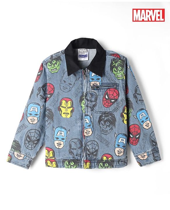 Pine Kids Marvel Woven Denim Jacket with Full Sleeves and Avengers Print - Navy Blue