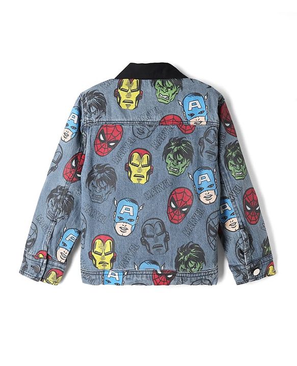 Pine Kids Marvel Woven Denim Jacket with Full Sleeves and Avengers Print - Navy Blue