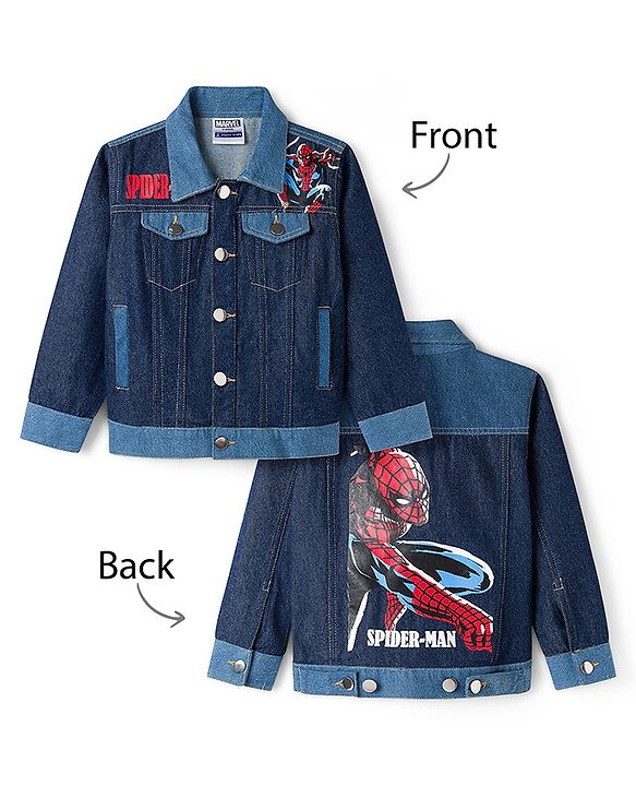 Pine Kids Marvel 100% Cotton Woven Full Sleeves Cut N Sew Denim Jacket With Front & Back Spider Man Graphic - Navy Blue