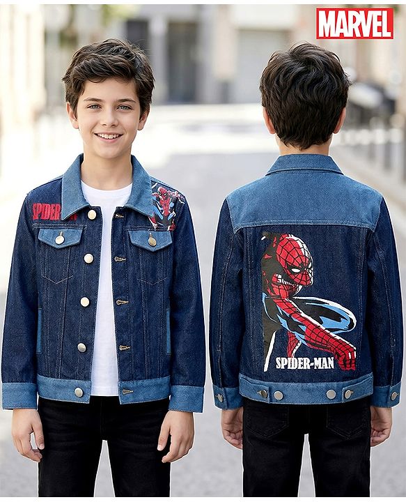 Pine Kids Marvel 100% Cotton Woven Full Sleeves Cut N Sew Denim Jacket With Front & Back Spider Man Graphic - Navy Blue