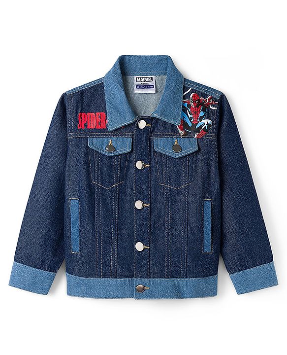 Pine Kids Marvel 100% Cotton Woven Full Sleeves Cut N Sew Denim Jacket With Front & Back Spider Man Graphic - Navy Blue