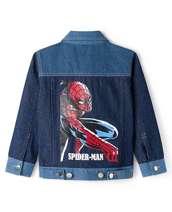 Pine Kids Marvel 100% Cotton Woven Full Sleeves Cut N Sew Denim Jacket With Front & Back Spider Man Graphic - Navy Blue