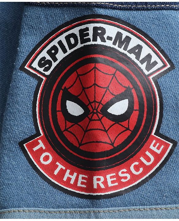 Pine Kids Denim Knit Full Sleeves Cut & Sew Hooded Jacket with Spider Man Graphics & Kangaroo Pockets -Blue