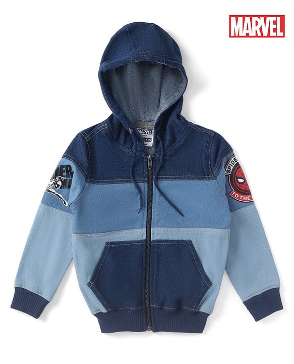 Pine Kids Denim Knit Full Sleeves Cut & Sew Hooded Jacket with Spider Man Graphics & Kangaroo Pockets -Blue