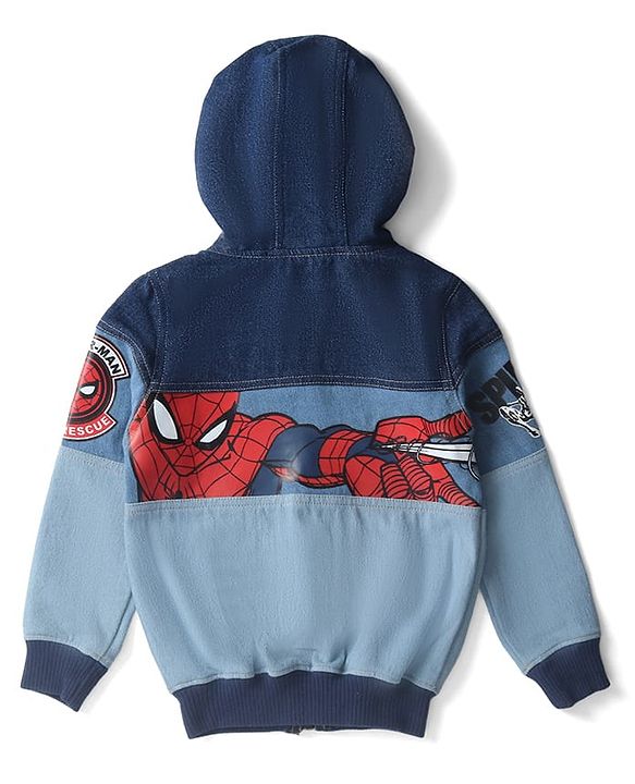 Pine Kids Denim Knit Full Sleeves Cut & Sew Hooded Jacket with Spider Man Graphics & Kangaroo Pockets -Blue