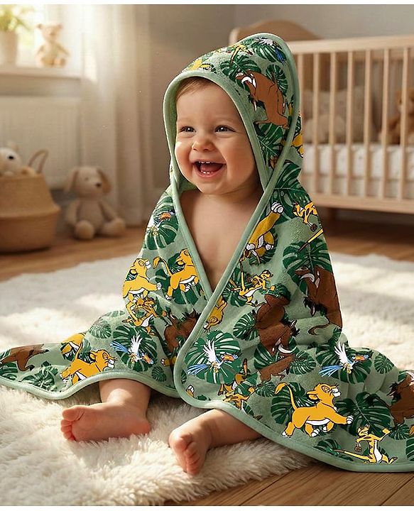 Babyhug Disney Interlock Knit Towel with Lion King Print L 76.2 x B 101.6 cm - Green