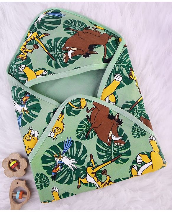 Babyhug Disney Interlock Knit Towel with Lion King Print L 76.2 x B 101.6 cm - Green