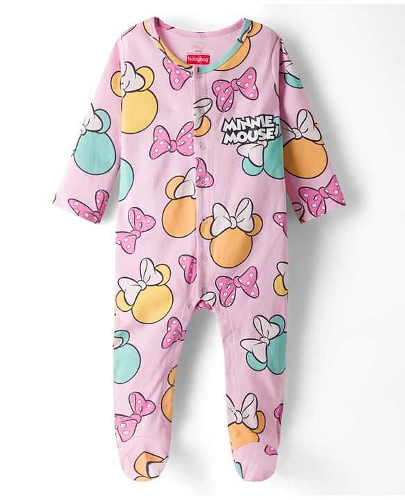 Babyhug Disney Interlock Knit Full Sleeves Sleepsuits With Minnie Mouse Graphics Pack Of 2 - Yellow & Pink