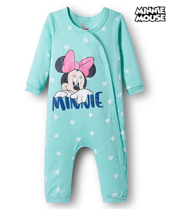 Babyhug Disney Interlock Knit Full Sleeves Romper with Minnie Mouse Graphics - Light Blue