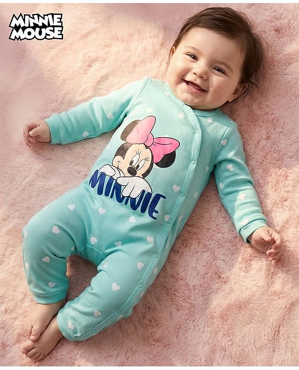 Babyhug Disney Interlock Knit Full Sleeves Romper with Minnie Mouse Graphics - Light Blue