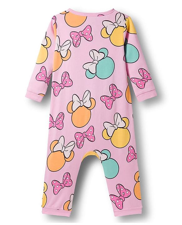 Babyhug Disney Interlock Knit Full Sleeves Romper with Minnie Mouse Graphics - Pink