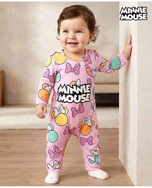 Babyhug Disney Interlock Knit Full Sleeves Romper with Minnie Mouse Graphics - Pink