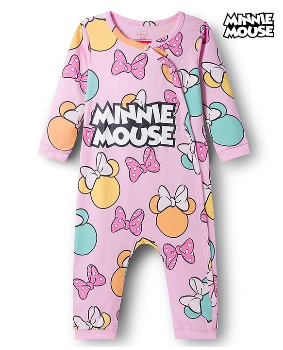 Babyhug Disney Interlock Knit Full Sleeves Romper with Minnie Mouse Graphics - Pink