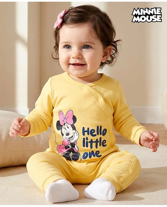 Babyhug Disney Interlock Knit Full Sleeves Romper with Minnie Mouse Graphics - Yellow