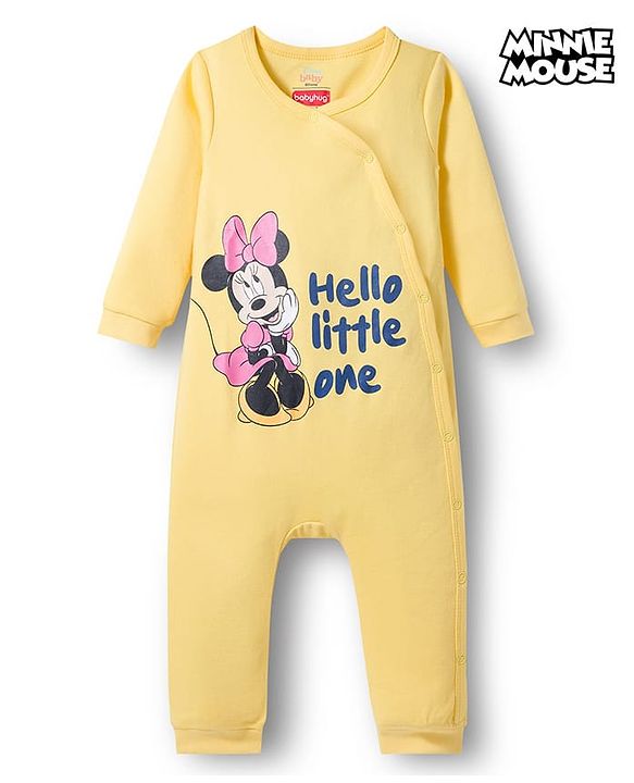 Babyhug Disney Interlock Knit Full Sleeves Romper with Minnie Mouse Graphics - Yellow