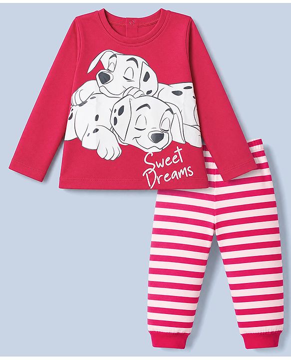 Babyhug Disney Single Jersey Knit Full Sleeves T-Shirt & Striped Pyjama Night Suit with Dalmatians Graphics - Red