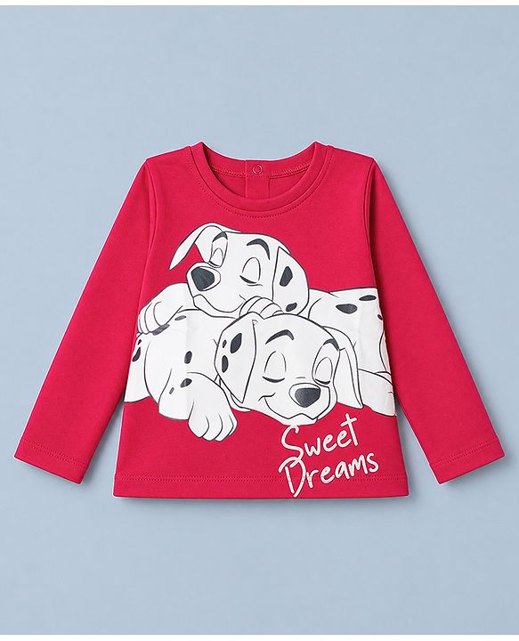 Babyhug Disney Single Jersey Knit Full Sleeves T-Shirt & Striped Pyjama Night Suit with Dalmatians Graphics - Red