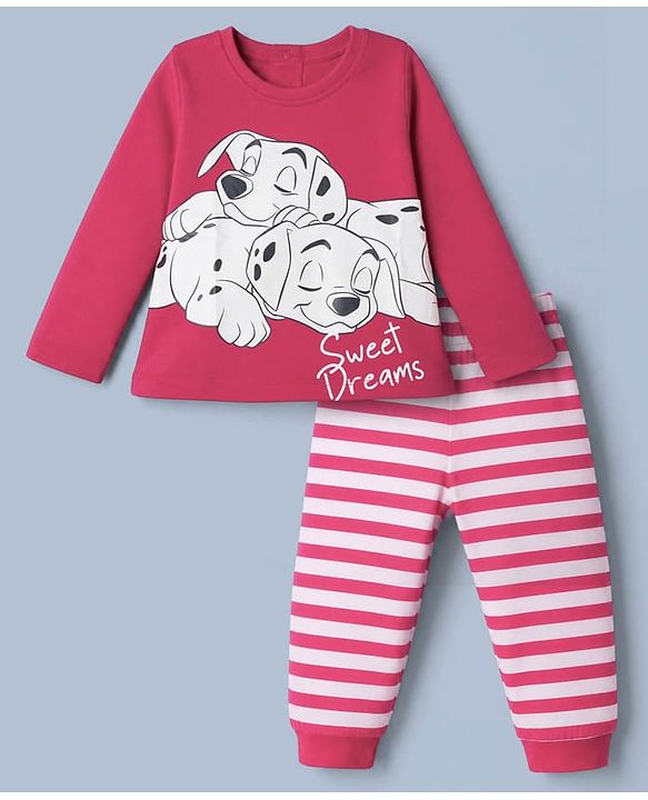 Babyhug Disney Single Jersey Knit Full Sleeves T-Shirt & Striped Pyjama Night Suit with Dalmatians Graphics - Red