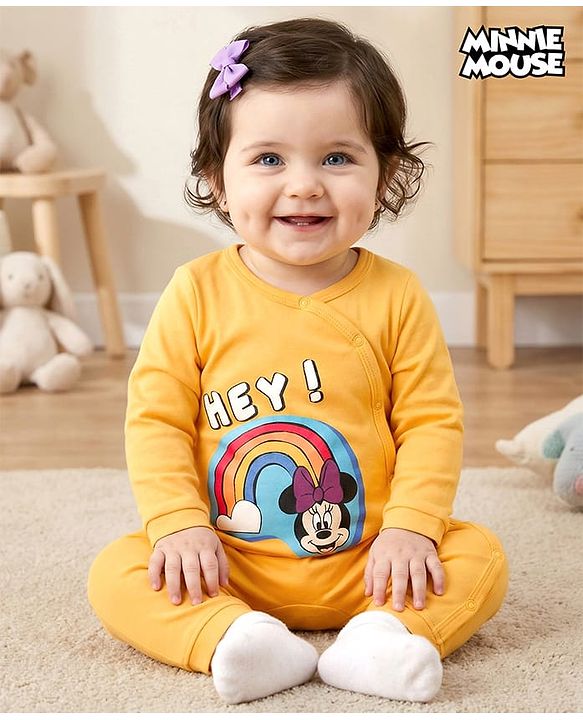Babyhug Disney Interlock Knit Full Sleeves Romper with Minnie Mouse Graphics - Yellow