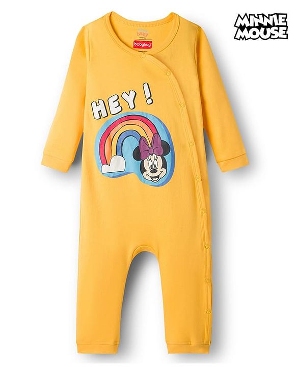 Babyhug Disney Interlock Knit Full Sleeves Romper with Minnie Mouse Graphics - Yellow
