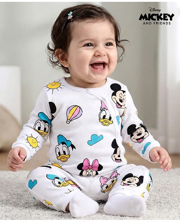 Babyhug Disney Interlock Knit Full Sleeves Romper with Minnie Mouse Print - White