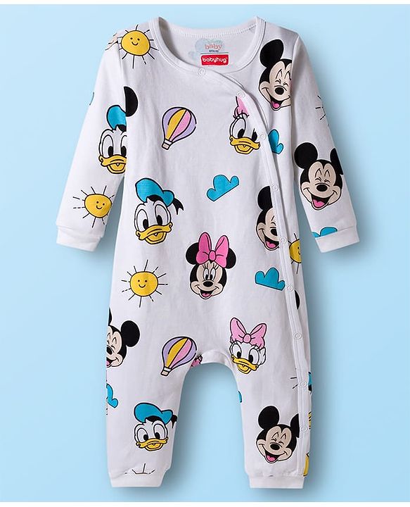 Babyhug Disney Interlock Knit Full Sleeves Romper with Minnie Mouse Print - White