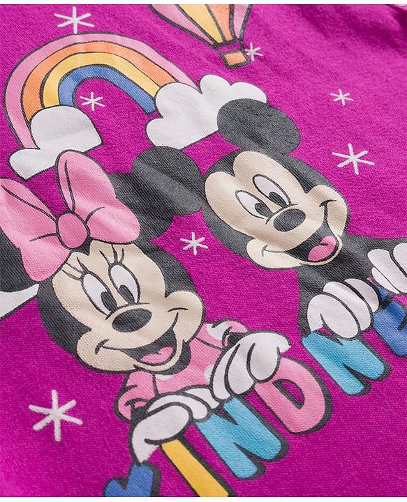Babyhug Disney Interlock Knit Full Sleeves Romper with Minnie Mouse Graphics - Fuchsia