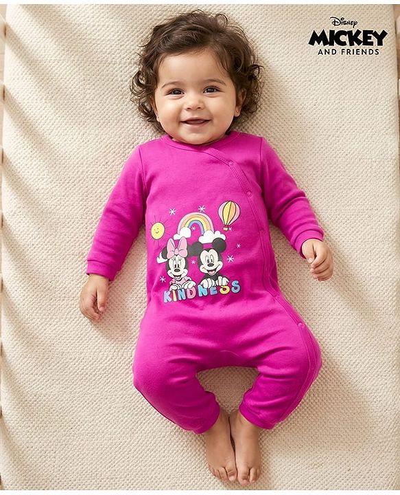 Babyhug Disney Interlock Knit Full Sleeves Romper with Minnie Mouse Graphics - Fuchsia
